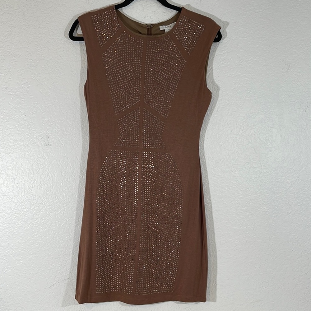 ESLEY Brown Sleeveless Mini Dress Studs Detailing Down The Front & Back Medium